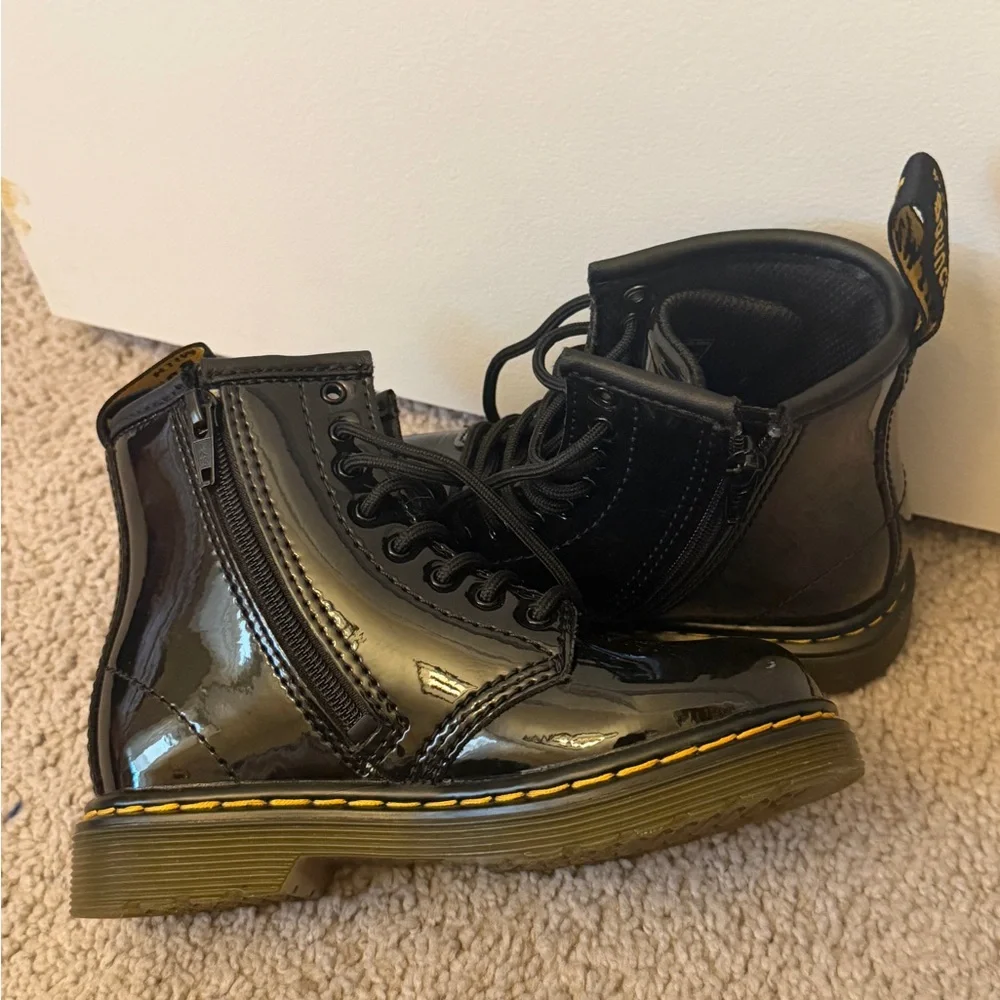 Dr. Martens Black Patent Lace-Up Combat Boot with Yellow Stitching